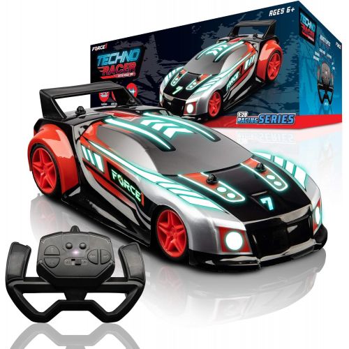  Force1 Techno Racer Remote Control Car for Kids - LED RC Car, High Speed Race Drift Car Toy with Music, Engine Sounds, Light Up Car Shell, and Easy Remote Control (Red)