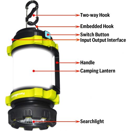  ForceMaxe Camping Lantern Rechargeable Flashlight,Power Bank,6 Modes Torch,IPX4 Waterproof,Portable LED Light with Two-Way Hook and USB Cable for Camping, Hiking, Hurricane Emergen
