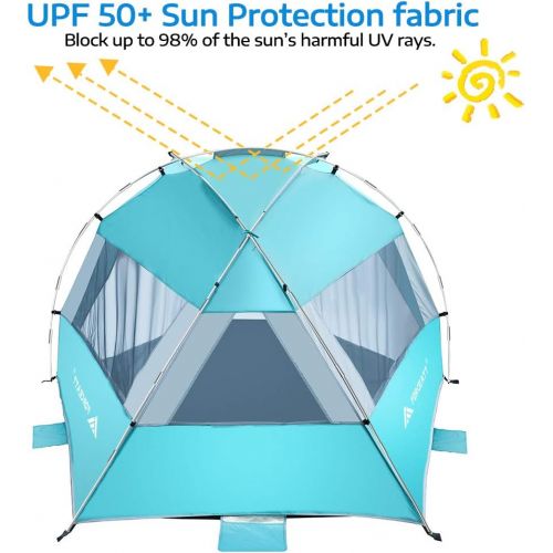  Forceatt Beach Tent for 4 Person, UPF50+ Silver Coated Shade Beach Tent，Light Weight and Easy to Carry and Set up, Tent can Also be Used in Gardens or Parks by Screw Ground Nails W