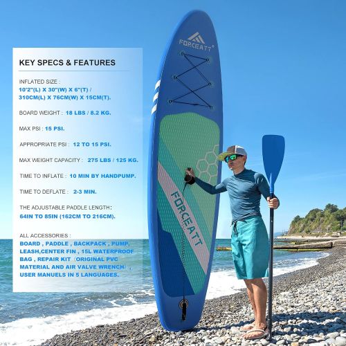  Forceatt Inflatable Paddle Boards for Adults,102 and 11 SUP Boards,Paddle Boards for All Skill Levels Include Beginner,Equipped 64 to 85 Paddle, 15L Waterproof Bag and Detailed Use