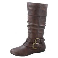 Forever Womens Caual Side Zip Buckles Slouch Flat Heel Mid Calf Round Toe Boots