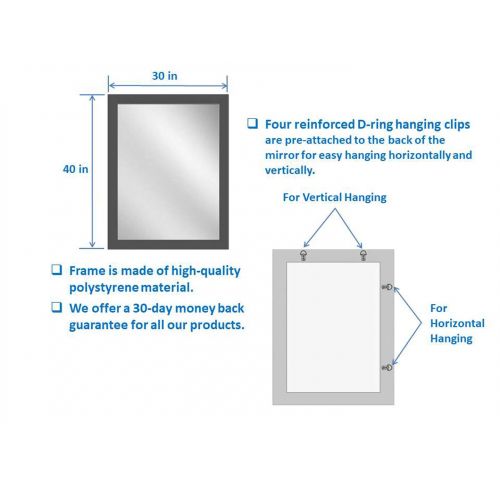  Forever Art Framed Wall Vanity Bathroom Makeup Non-Beveled Glass Mirror with D-Ring, Finished Size 30 in x 40 in, 13-Silver, MIRR-30x40-13-MR952-10