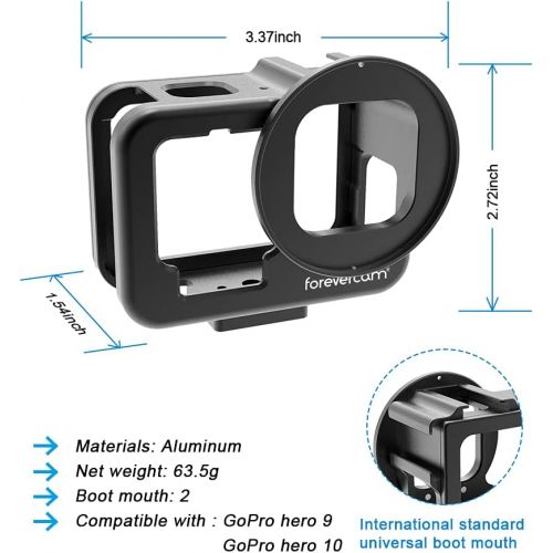  Forevercam Aluminium Housing Case Alloy Protective Skeleton Frame with 52mm UV Filter and Lens Cap for Gopro Hero 9 Black Action Camera Black with Rear Door (Lightweight)