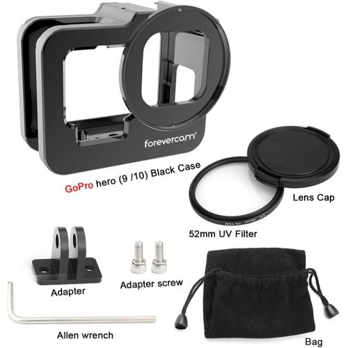  Forevercam Aluminium Housing Case Alloy Protective Skeleton Frame with 52mm UV Filter and Lens Cap for Gopro Hero 10/ 9 Black Action Camera Black with Rear Door (Firm)