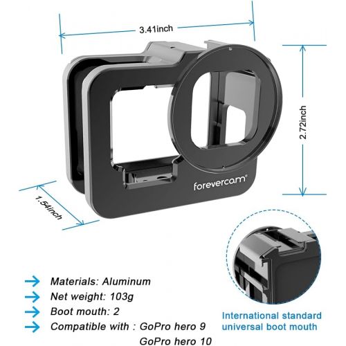  Forevercam Aluminium Housing Case Alloy Protective Skeleton Frame with 52mm UV Filter and Lens Cap for Gopro Hero 10/ 9 Black Action Camera Black with Rear Door (Firm)