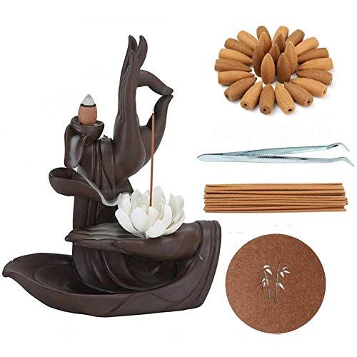  인센스스틱 Foride Incense Burner Lotus Backflow Incense Holder, Ceramic Handcrafted Two Fish Backflow Incense Burner with 120 Incense Cones 30 Incense Sticks 1 Tongs 1 matfor Home Decor