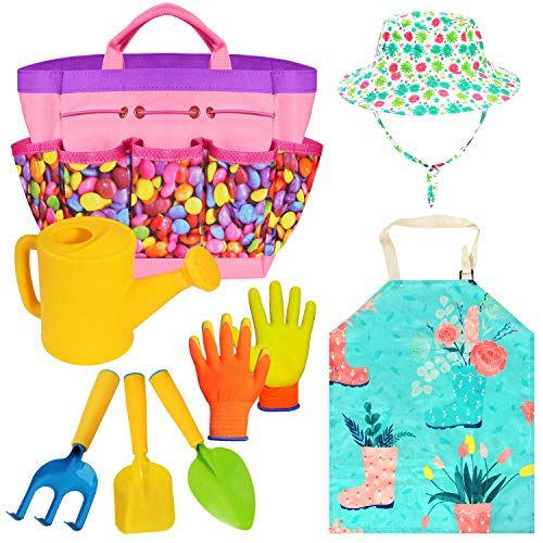  Forliver Gardening Tools Toy Set for Girls Boys with Beatiful Storage Bag, Watering Can, Gardening Gloves, Shovels, rake, Apron, Sun Hat kit for Children Kids Outdoor Play and Dress up Clot