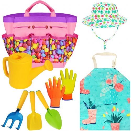  Forliver Gardening Tools Toy Set for Girls Boys with Beatiful Storage Bag, Watering Can, Gardening Gloves, Shovels, rake, Apron, Sun Hat kit for Children Kids Outdoor Play and Dress up Clot