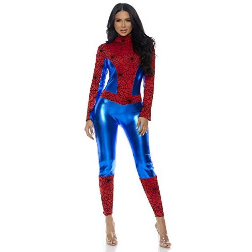  할로윈 용품Forplay Womens Metallic Hero Mock Neck Catsuit with Spider Web Print