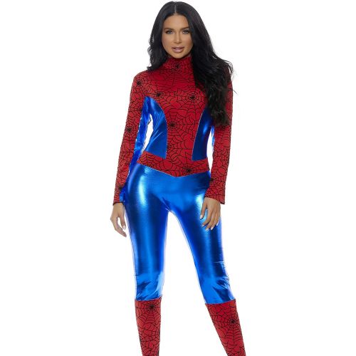  할로윈 용품Forplay Womens Metallic Hero Mock Neck Catsuit with Spider Web Print
