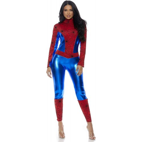  할로윈 용품Forplay Womens Metallic Hero Mock Neck Catsuit with Spider Web Print