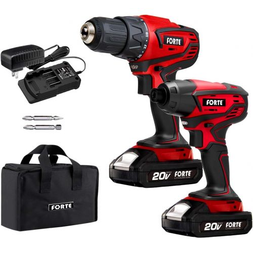  [아마존베스트]Forte Cordless Drill Combo Kit - 20V Max Drill Driver and Impact Driver Cordless Power Tool Set with 2Pcs Lithium-Ion Batteries, Charger and Storage Bag included