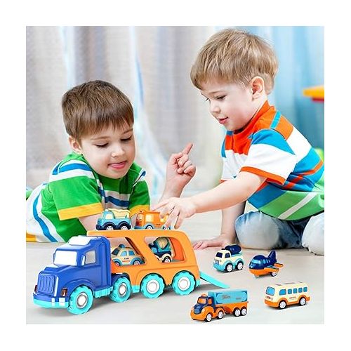  9 Pack Cars Toys for 2 3 4 5 Years Old Toddlers Boys & Girls Gift, Big Transport Truck with 8 Small Cute Pull Back Trucks, Carrier Truck with Sound & Light 13.5 * 5.5 inch, 2.5 *1.6 inch