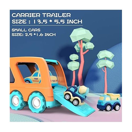  9 Pack Cars Toys for 2 3 4 5 Years Old Toddlers Boys & Girls Gift, Big Transport Truck with 8 Small Cute Pull Back Trucks, Carrier Truck with Sound & Light 13.5 * 5.5 inch, 2.5 *1.6 inch