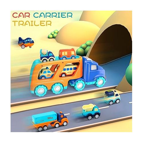  9 Pack Cars Toys for 2 3 4 5 Years Old Toddlers Boys & Girls Gift, Big Transport Truck with 8 Small Cute Pull Back Trucks, Carrier Truck with Sound & Light 13.5 * 5.5 inch, 2.5 *1.6 inch