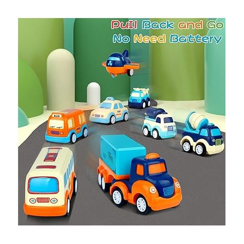  9 Pack Cars Toys for 2 3 4 5 Years Old Toddlers Boys & Girls Gift, Big Transport Truck with 8 Small Cute Pull Back Trucks, Carrier Truck with Sound & Light 13.5 * 5.5 inch, 2.5 *1.6 inch