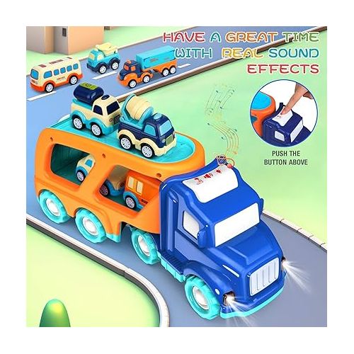  9 Pack Cars Toys for 2 3 4 5 Years Old Toddlers Boys & Girls Gift, Big Transport Truck with 8 Small Cute Pull Back Trucks, Carrier Truck with Sound & Light 13.5 * 5.5 inch, 2.5 *1.6 inch
