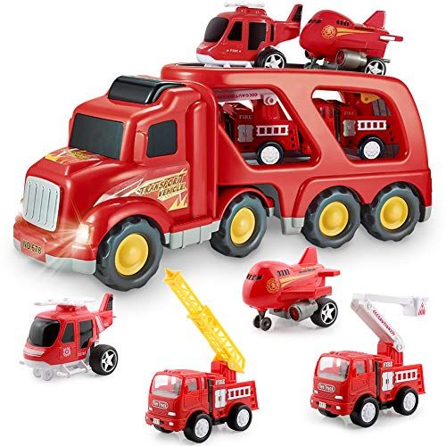  Forty4 Fire Truck Car Toys Set, Friction Powered Car Carrier Trailer with Sound and Light, Play Vehicle Set for Kids Toddlers Boys Child Gift Age 3 4 5 6 7 Years Old, 2 Rescue Car, Helico