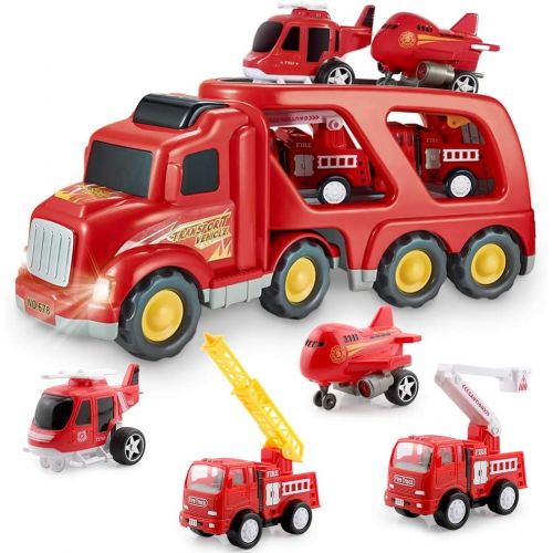  Forty4 Fire Truck Car Toys Set, Friction Powered Car Carrier Trailer with Sound and Light, Play Vehicle Set for Kids Toddlers Boys Child Gift Age 3 4 5 6 7 Years Old, 2 Rescue Car, Helico