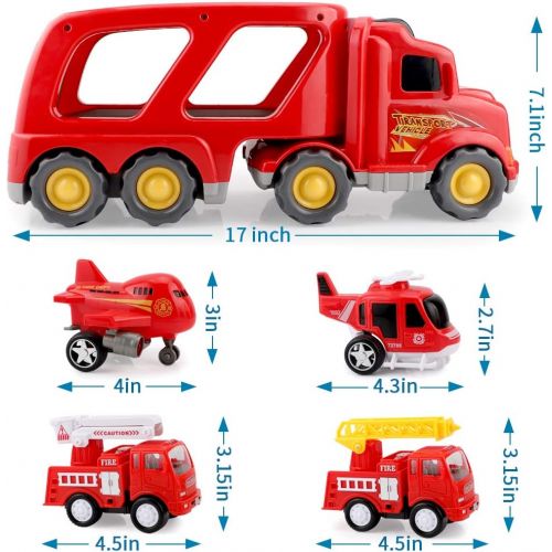  Forty4 Fire Truck Car Toys Set, Friction Powered Car Carrier Trailer with Sound and Light, Play Vehicle Set for Kids Toddlers Boys Child Gift Age 3 4 5 6 7 Years Old, 2 Rescue Car, Helico