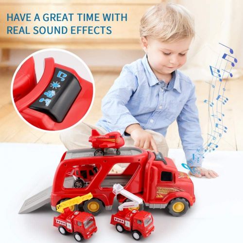  Forty4 Fire Truck Car Toys Set, Friction Powered Car Carrier Trailer with Sound and Light, Play Vehicle Set for Kids Toddlers Boys Child Gift Age 3 4 5 6 7 Years Old, 2 Rescue Car, Helico