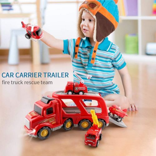  Forty4 Fire Truck Car Toys Set, Friction Powered Car Carrier Trailer with Sound and Light, Play Vehicle Set for Kids Toddlers Boys Child Gift Age 3 4 5 6 7 Years Old, 2 Rescue Car, Helico