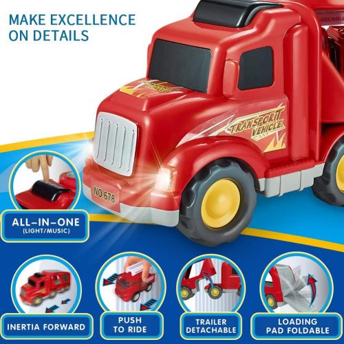  Forty4 Fire Truck Car Toys Set, Friction Powered Car Carrier Trailer with Sound and Light, Play Vehicle Set for Kids Toddlers Boys Child Gift Age 3 4 5 6 7 Years Old, 2 Rescue Car, Helico