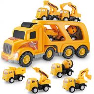 Forty4 Construction Truck Toys for 3 4 5 6 Years Old Toddlers Kids Boys and Girls, Car Toy Set with Sound and Light, Play Vehicles in Friction Powered Carrier Truck, Small Crane Mixer Dum