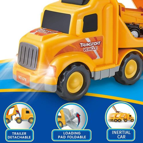  Forty4 Construction Truck Toys for 3 4 5 6 Years Old Toddlers Kids Boys and Girls, Car Toy Set with Sound and Light, Play Vehicles in Friction Powered Carrier Truck, Small Crane Mixer Dum