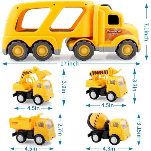  Forty4 Construction Truck Toys for 3 4 5 6 Years Old Toddlers Kids Boys and Girls, Car Toy Set with Sound and Light, Play Vehicles in Friction Powered Carrier Truck, Small Crane Mixer Dum