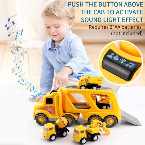  Forty4 Construction Truck Toys for 3 4 5 6 Years Old Toddlers Kids Boys and Girls, Car Toy Set with Sound and Light, Play Vehicles in Friction Powered Carrier Truck, Small Crane Mixer Dum