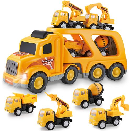  Forty4 Construction Truck Toys for 3 4 5 6 Years Old Toddlers Kids Boys and Girls, Car Toy Set with Sound and Light, Play Vehicles in Friction Powered Carrier Truck, Small Crane Mixer Dum