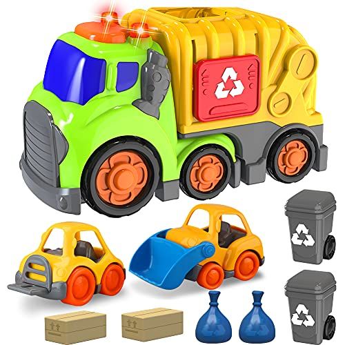  Forty4 Car Toys for 1 2 3 4 Years Old Toddler Boy and Girl, Garbage Truck with 2 Garbage Cans, Small Bulldozer Forklift, Trash Truck with Sound and Light, Recycling Truck Playset for Chri