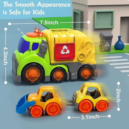  Forty4 Car Toys for 1 2 3 4 Years Old Toddler Boy and Girl, Garbage Truck with 2 Garbage Cans, Small Bulldozer Forklift, Trash Truck with Sound and Light, Recycling Truck Playset for Chri