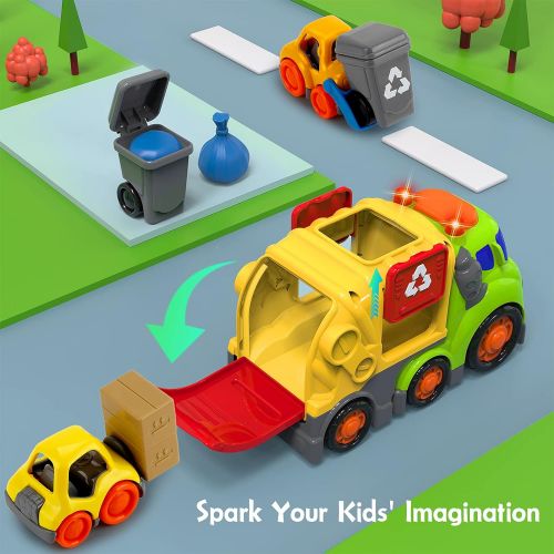  Forty4 Car Toys for 1 2 3 4 Years Old Toddler Boy and Girl, Garbage Truck with 2 Garbage Cans, Small Bulldozer Forklift, Trash Truck with Sound and Light, Recycling Truck Playset for Chri