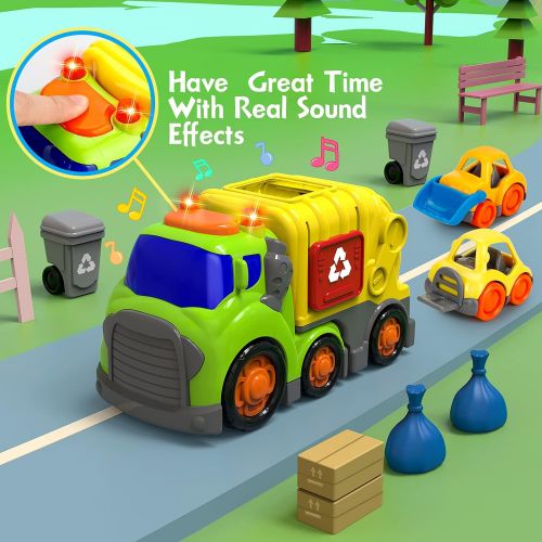  Forty4 Car Toys for 1 2 3 4 Years Old Toddler Boy and Girl, Garbage Truck with 2 Garbage Cans, Small Bulldozer Forklift, Trash Truck with Sound and Light, Recycling Truck Playset for Chri