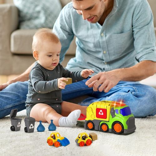  Forty4 Car Toys for 1 2 3 4 Years Old Toddler Boy and Girl, Garbage Truck with 2 Garbage Cans, Small Bulldozer Forklift, Trash Truck with Sound and Light, Recycling Truck Playset for Chri