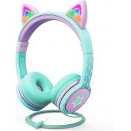 FosPower Kids Headphones with LED Light Up Cat Ears 3.5mm On Ear Audio Headphones for Kids with Laced Tangle Free Cable (Max 85dB) - Teal/Light Purple