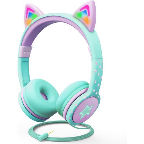  FosPower Kids Headphones with LED Light Up Cat Ears 3.5mm On Ear Audio Headphones for Kids with Laced Tangle Free Cable (Max 85dB) - Teal/Light Purple