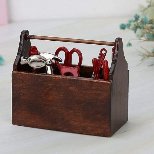  Fosa Miniature Wooden Doll House Toolbox with Metal Tools set, Doll House Toolbox with Tools Fit for 1/12 Dollhouse or Doll, with 8PCS Miniature Tools Set