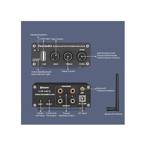  Fosi Audio BL20A 200W Bluetooth 5.0 Home Audio Stereo Amplifier Hi-Fi Mini Class D Integrated Amp with U-Disk/3.5MM AUX/RCA Input and Remote Control for Home Passive Theater Speaker with Power Supply