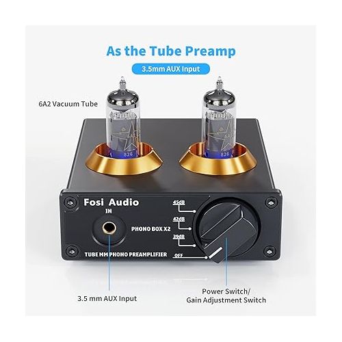  Fosi Audio Box X2 Phono Preamp for MM Turntable Phonograph Preamplifier with Gain Gear Mini Stereo Audio Hi-Fi Pre-Amplifier for Record Player with DC 12V Power Supply