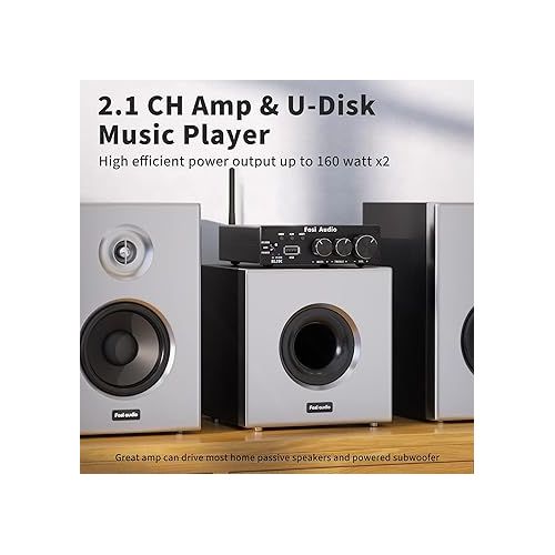  Fosi Audio BL20C Bluetooth 5.0 Stereo Audio Receiver Amplifier 320 Watts 2.1 CH Mini Hi-Fi Class D TDA7498E Integrated Amp U-Disk Player for Home Passive Speakers Powered Subwoofer(with Power Supply)