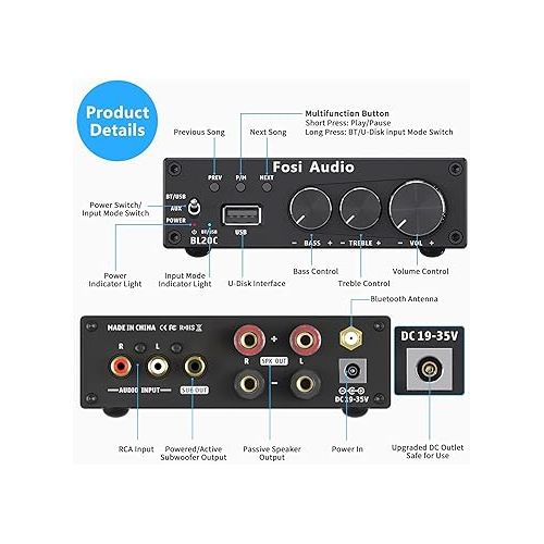  Fosi Audio BL20C Bluetooth 5.0 Stereo Audio Receiver Amplifier 320 Watts 2.1 CH Mini Hi-Fi Class D TDA7498E Integrated Amp U-Disk Player for Home Passive Speakers Powered Subwoofer(with Power Supply)