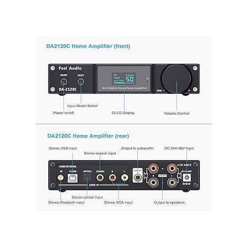  Fosi Audio DA2120C 240W Bluetooth 5.0 Stereo Audio Hi-Fi DAC Amplifier Support aptX 24Bit-192kHz 2.1 Channel Integrated Class D Power Amp with RCA/PC-USB/Coaxial/Optical Input and Remote Control