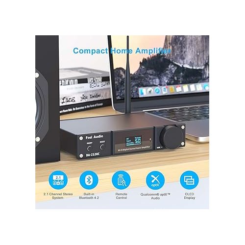  Fosi Audio DA2120C 240W Bluetooth 5.0 Stereo Audio Hi-Fi DAC Amplifier Support aptX 24Bit-192kHz 2.1 Channel Integrated Class D Power Amp with RCA/PC-USB/Coaxial/Optical Input and Remote Control