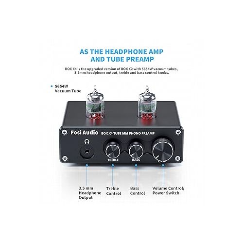  Fosi Audio Box X4 Phono Preamp with JAN 5654W Vacuum Tubes for MM Turntable Phonograph Record Player with Volume Bass Treble Control