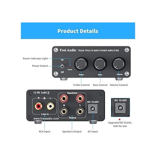  Fosi Audio TB10A 2 Channel Stereo Audio Amplifier Receiver Mini Hi-Fi Class D Integrated Amp 2.0CH for Home Speakers 100W x 2 with Bass and Treble Control TPA3116(with Power Supply)