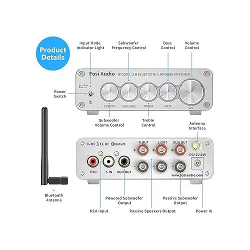  Fosi Audio BT30D-S Bluetooth 5.0 Stereo Audio Receiver Amplifier 2.1 Channel Mini Hi-Fi Class D Integrated Amp 50 Watt x2+100 Watt for Home Outdoor Passive Speakers/Subwoofer Powered Subwoofer