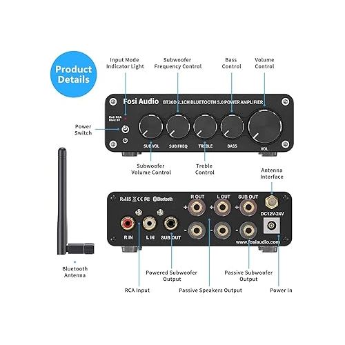  Fosi Audio BT30D Bluetooth 5.0 Stereo Audio Receiver Amplifier 2.1 Channel Mini Hi-Fi Class D Integrated Amp 50 Watt x2+100 Watt for Home Outdoor Passive Speakers/Subwoofer Powered Subwoofer